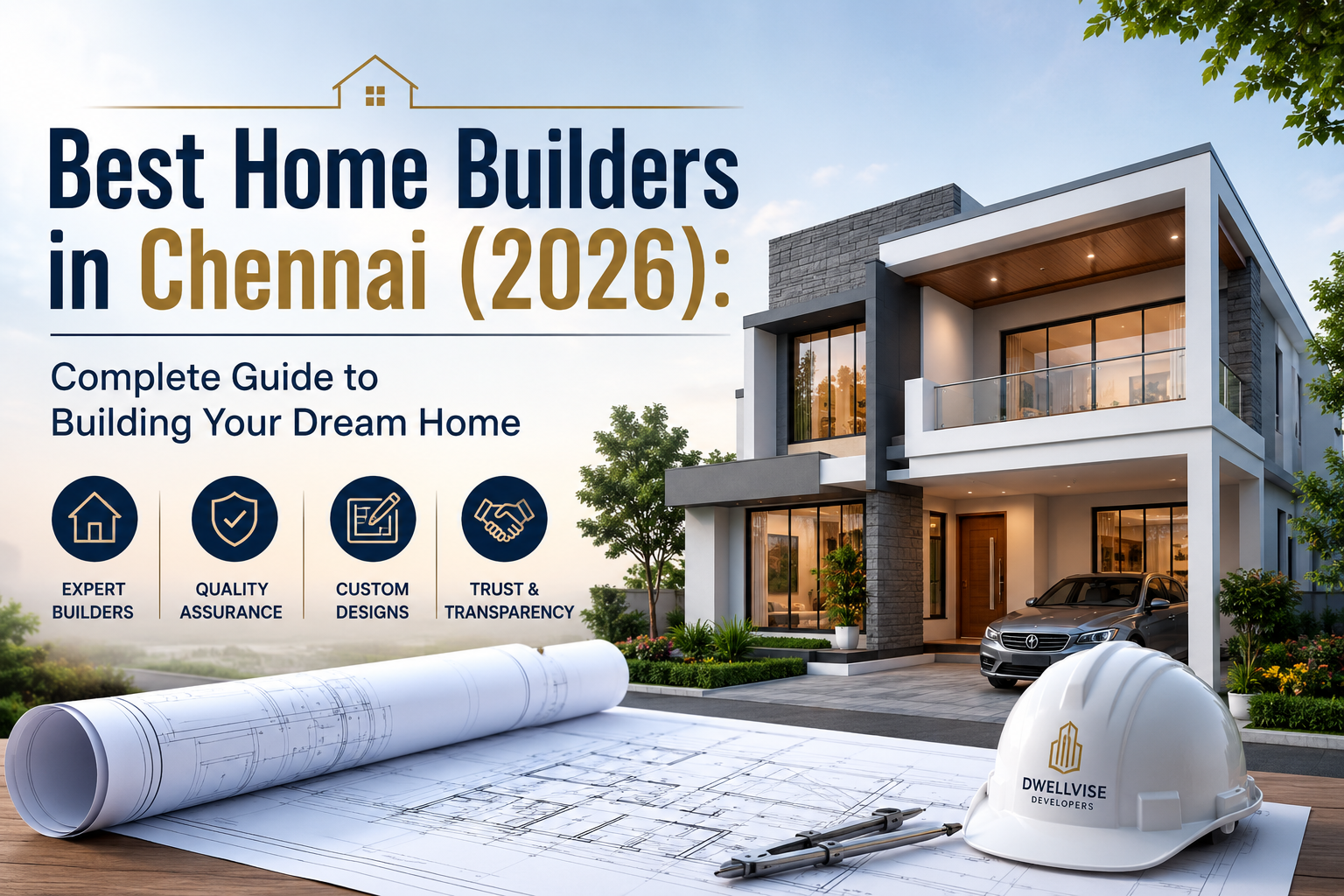Best Home Builders in Chennai (2026) – Complete Guide to Building Your Dream Home featuring a modern luxury house design and construction blueprint.