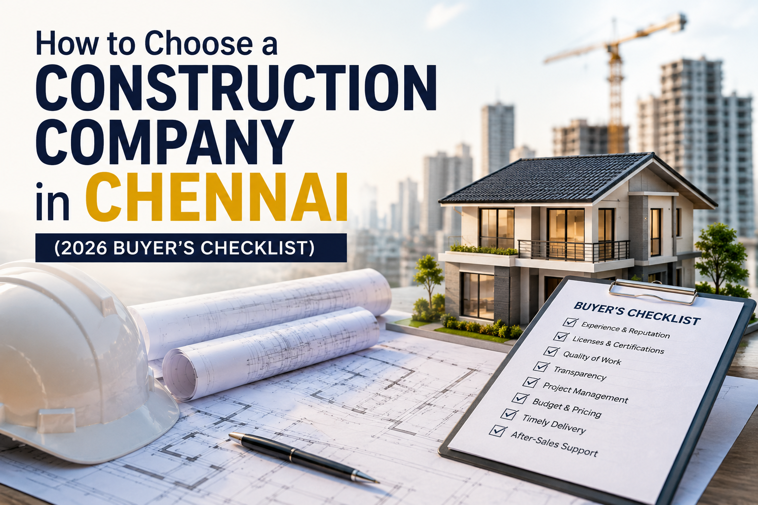 How to Choose a Construction Company in Chennai (2026 Buyer's Checklist) – Modern home construction guide with blueprint and luxury house.